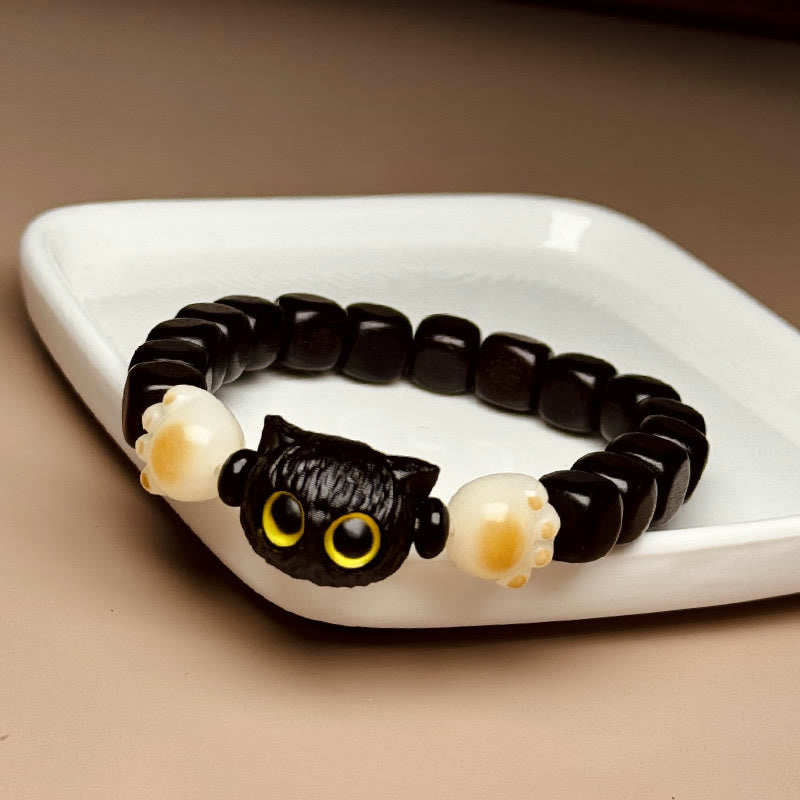 Bodhi Seed Ebony Wood Cat Peace Bracelet 14-16cm