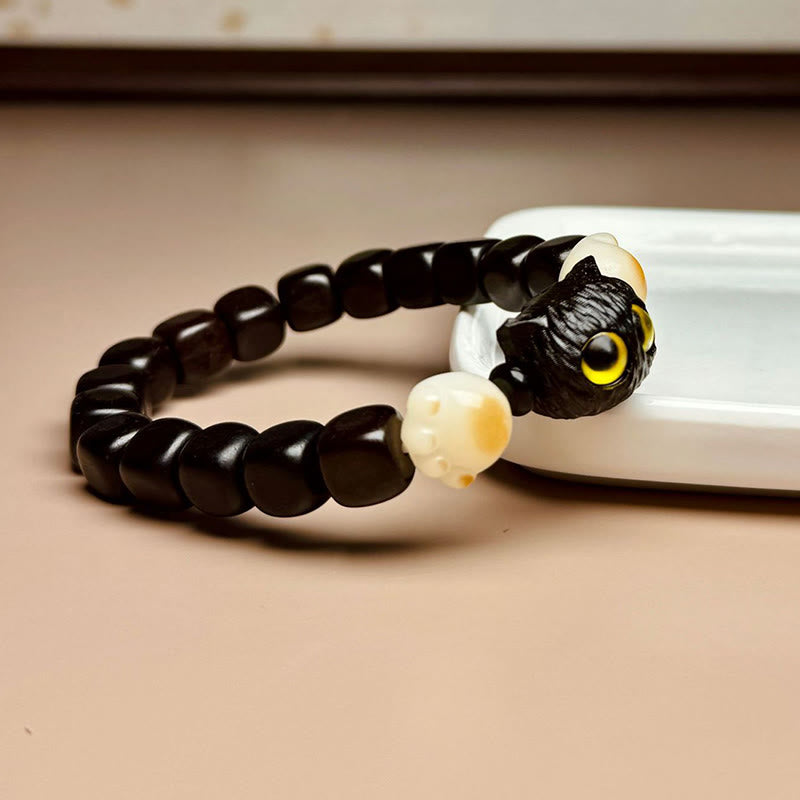Bodhi Seed Ebony Wood Cat Peace Bracelet 14-16cm
