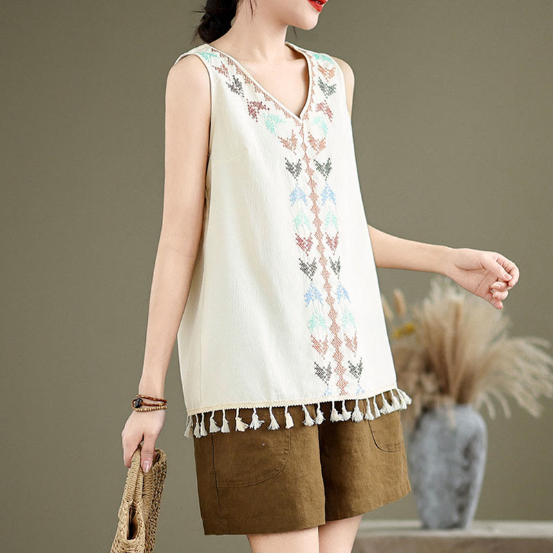Retro Embroidery Polyester V-Neck Tassel Tank Top for Women