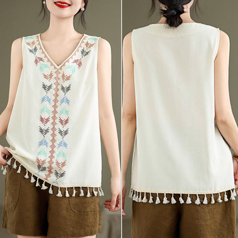 Retro Embroidery Polyester V-Neck Tassel Tank Top for Women