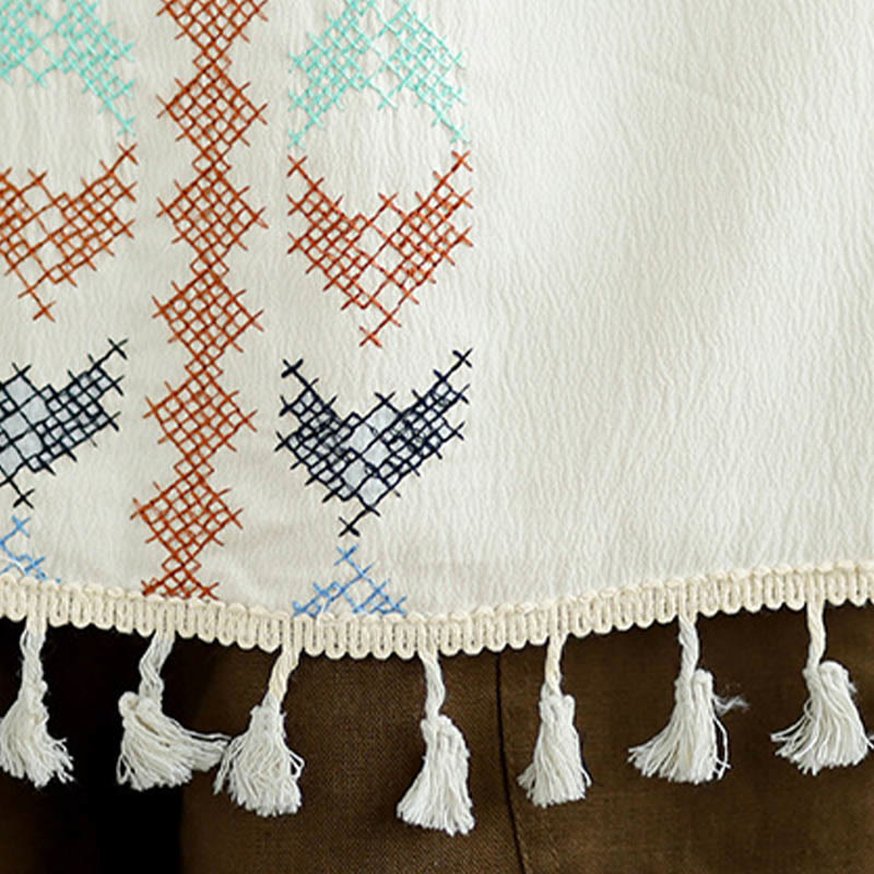 Retro Embroidery Polyester V-Neck Tassel Tank Top for Women