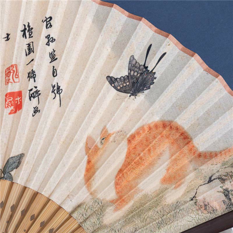 Cotton Linen Chinese Folding Fan 22cm Butterfly Orchid Cat