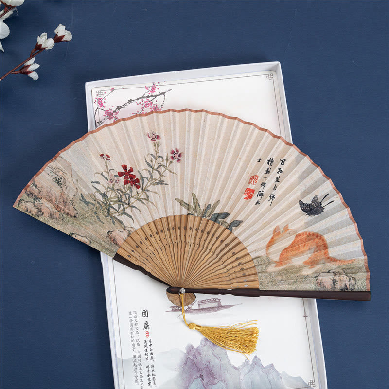 Cotton Linen Chinese Folding Fan 22cm Butterfly Orchid Cat