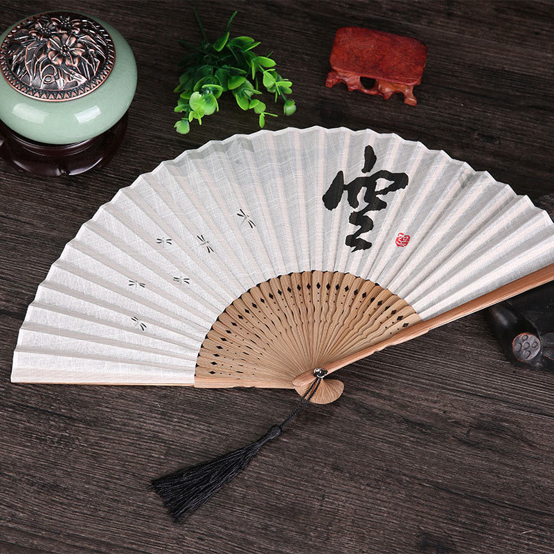 22cm Chinese Folding Fan with Golden Dragonfly Bamboo Frame