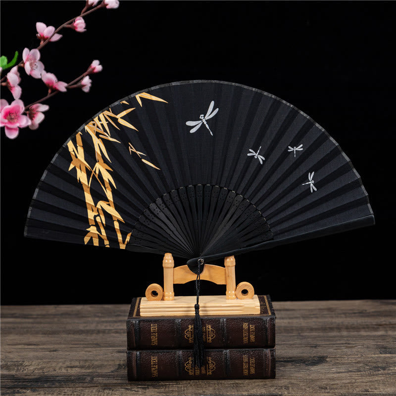 22cm Chinese Folding Fan with Golden Dragonfly Bamboo Frame