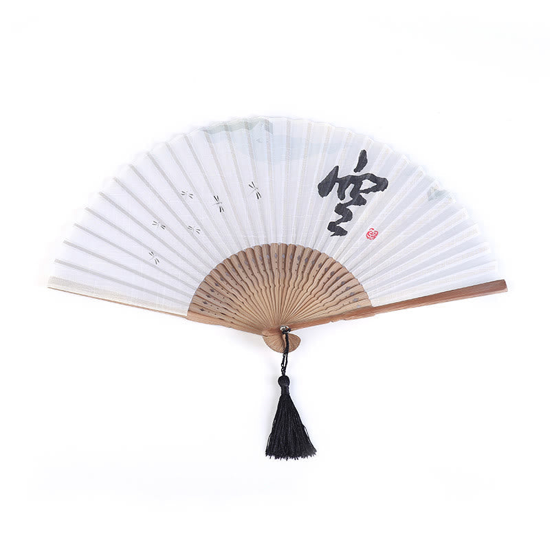 22cm Chinese Folding Fan with Golden Dragonfly Bamboo Frame