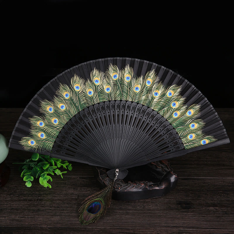 21.5cm Peacock Feather Bamboo Folding Fan for Meditation