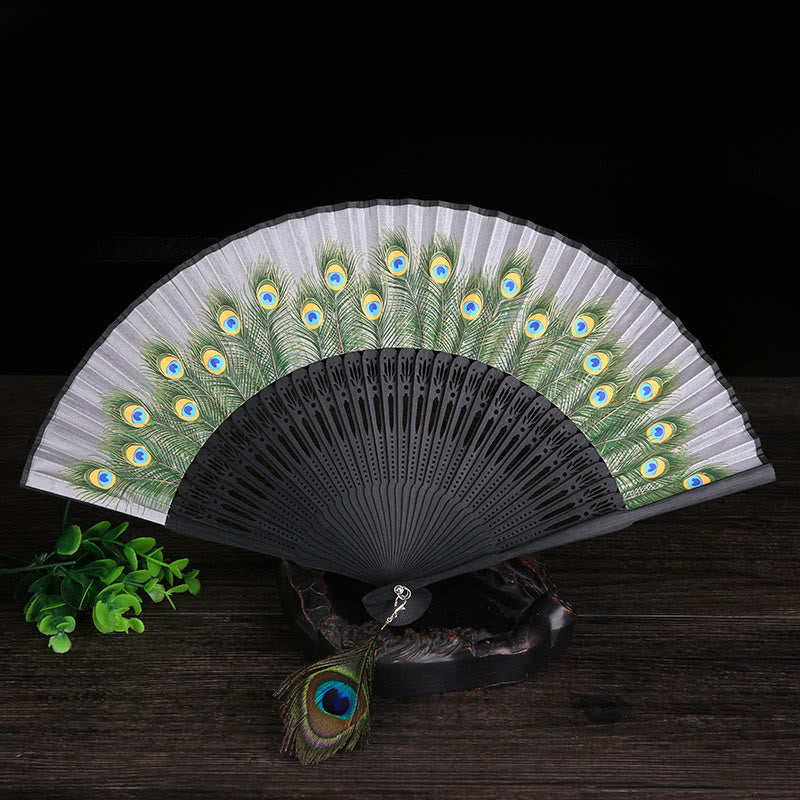 21.5cm Peacock Feather Bamboo Folding Fan for Meditation