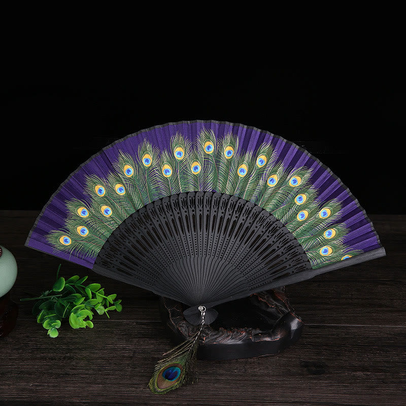 21.5cm Peacock Feather Bamboo Folding Fan for Meditation