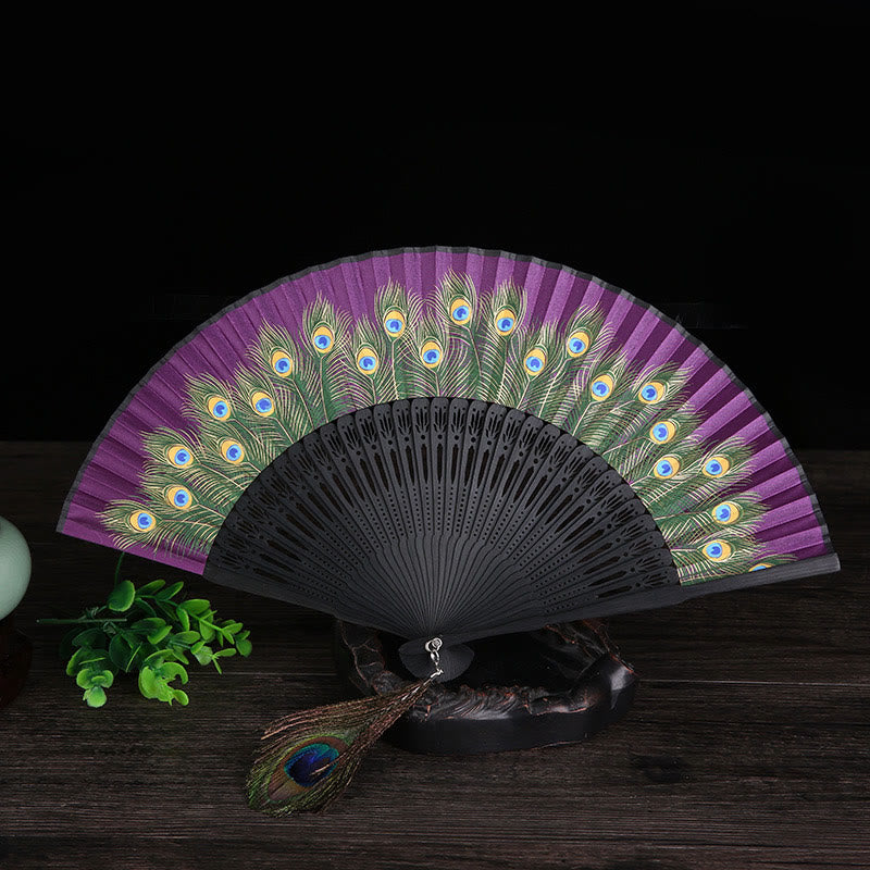 21.5cm Peacock Feather Bamboo Folding Fan for Meditation