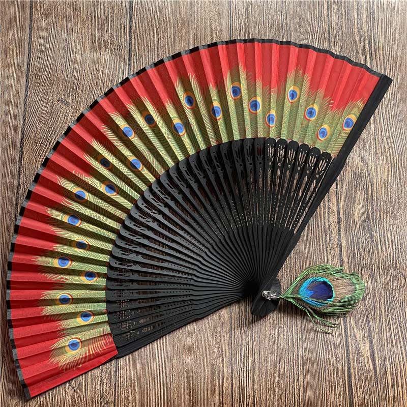 21.5cm Peacock Feather Bamboo Folding Fan for Meditation