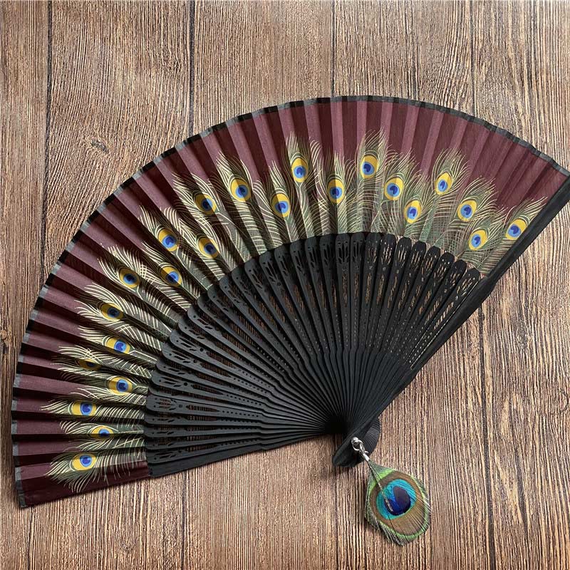 21.5cm Peacock Feather Bamboo Folding Fan for Meditation