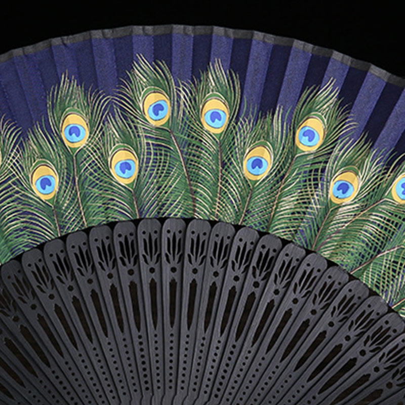 21.5cm Peacock Feather Bamboo Folding Fan for Meditation