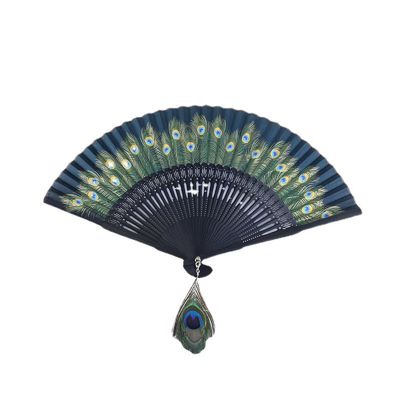 21.5cm Peacock Feather Bamboo Folding Fan for Meditation