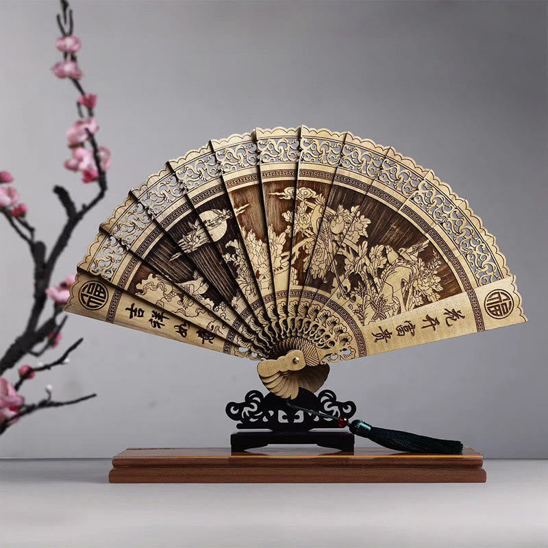 Phoebe Zhennan Wood Koi Fish Chinese Folding Fan 22cm