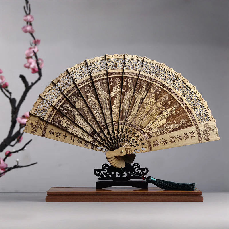 Phoebe Zhennan Wood Koi Fish Chinese Folding Fan 22cm