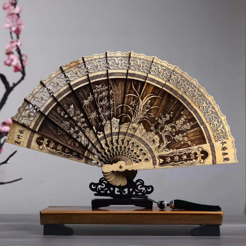 Phoebe Zhennan Wood Koi Fish Chinese Folding Fan 22cm