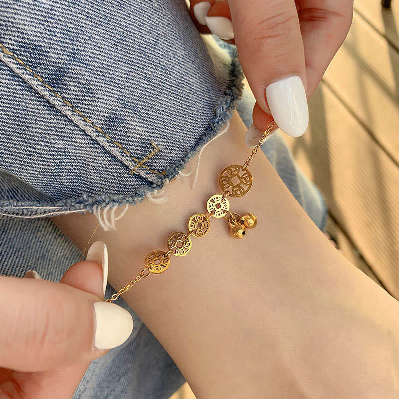 Copper Coins Titanium Steel Spiritual Strength Anklet Charm