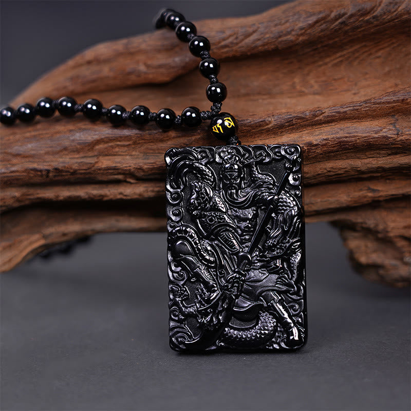 Black Obsidian Guan Gong Strength Necklace Pendant