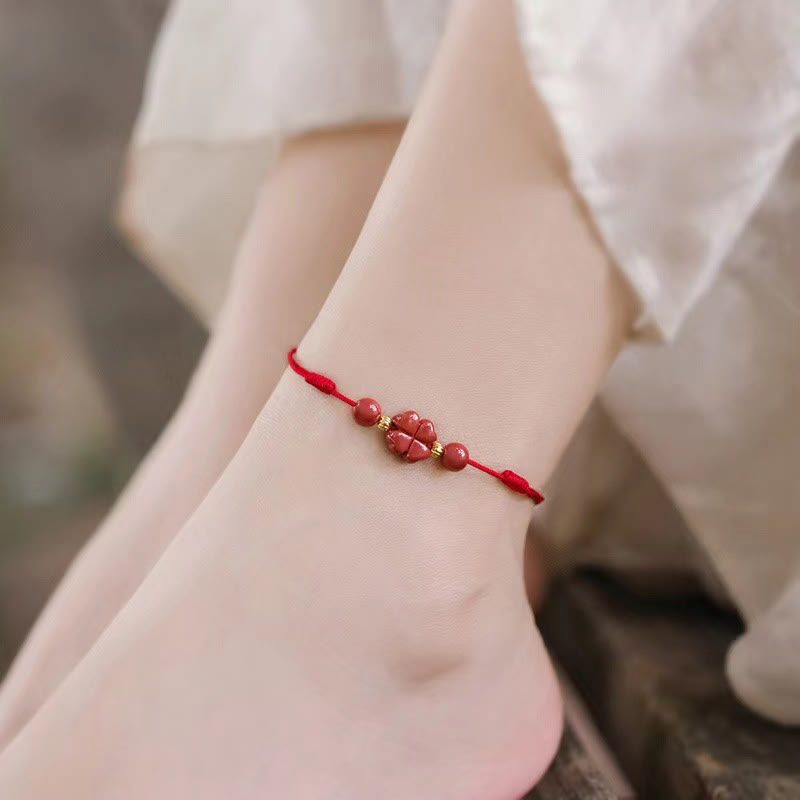 Cinnabar Four Leaf Clover Blessing String Anklet 30cm