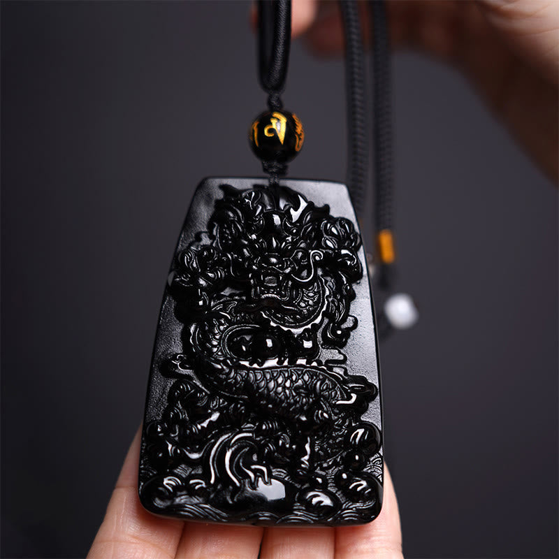 Black Obsidian Dragon Carved Necklace for Luck & Protection