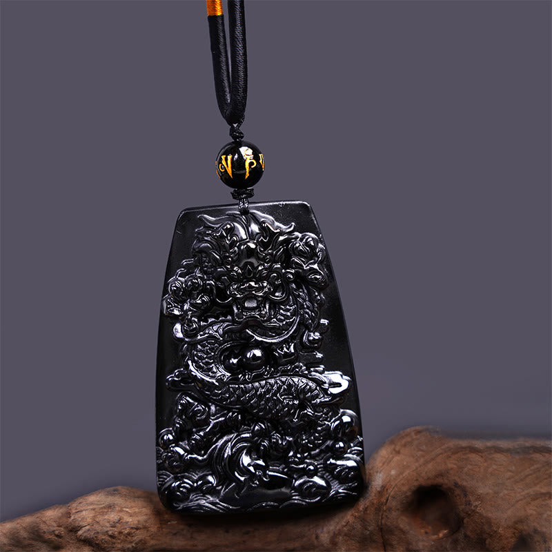 Black Obsidian Dragon Carved Necklace for Luck & Protection
