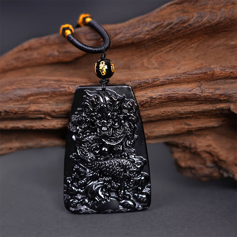 Black Obsidian Dragon Carved Necklace for Luck & Protection