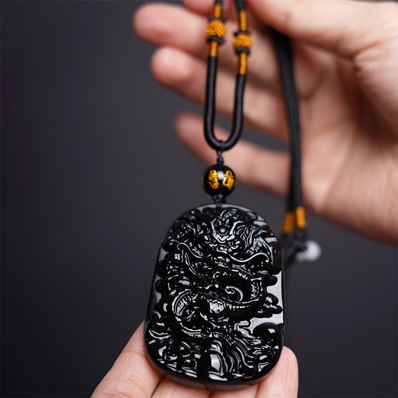 Black Obsidian Dragon Carved Necklace for Luck & Protection
