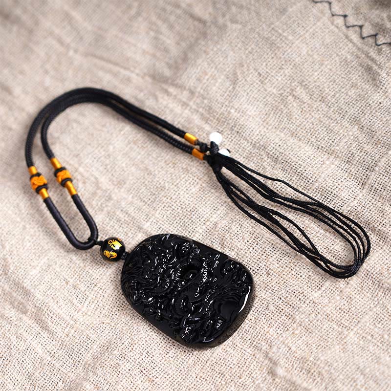 Black Obsidian Dragon Carved Necklace for Luck & Protection