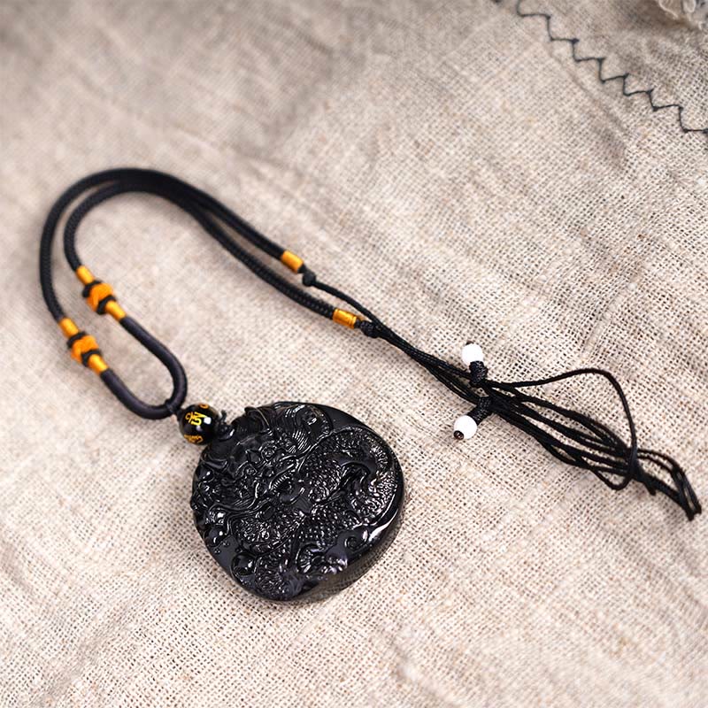 Black Obsidian Dragon Necklace for Protective Strength