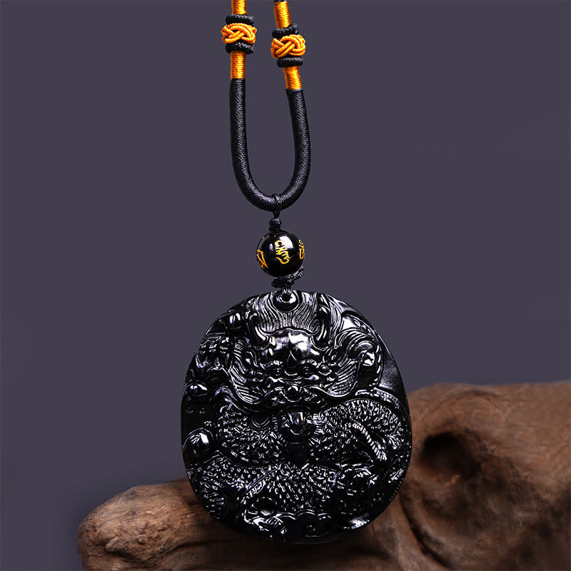 Black Obsidian Dragon Necklace for Protective Strength
