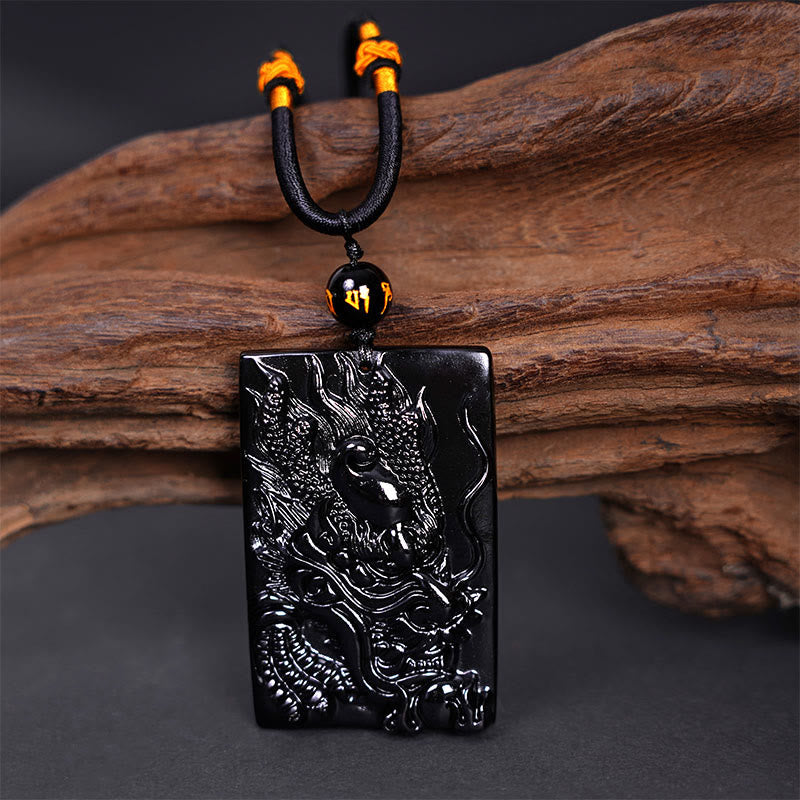 Black Obsidian Dragon Pendant Necklace for Success & Protection