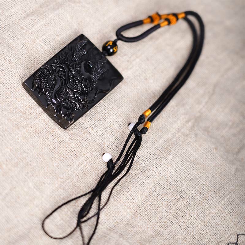 Black Obsidian Dragon Pendant Necklace for Success & Protection