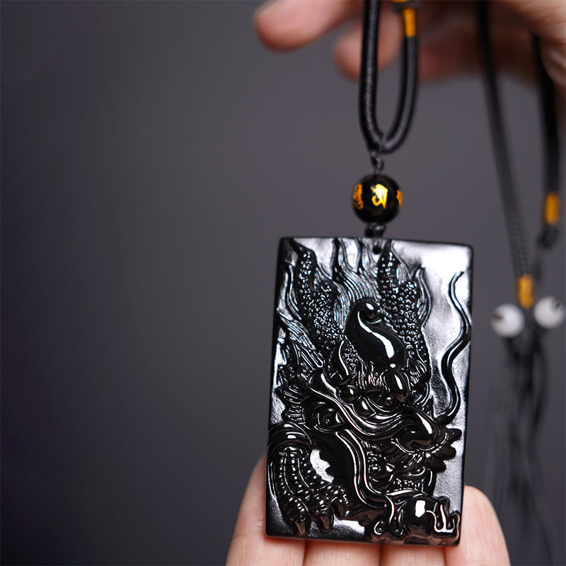 Black Obsidian Dragon Pendant Necklace for Success & Protection