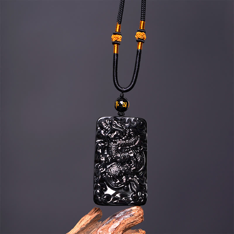 Black Obsidian Dragon Pendant Necklace for Success & Protection