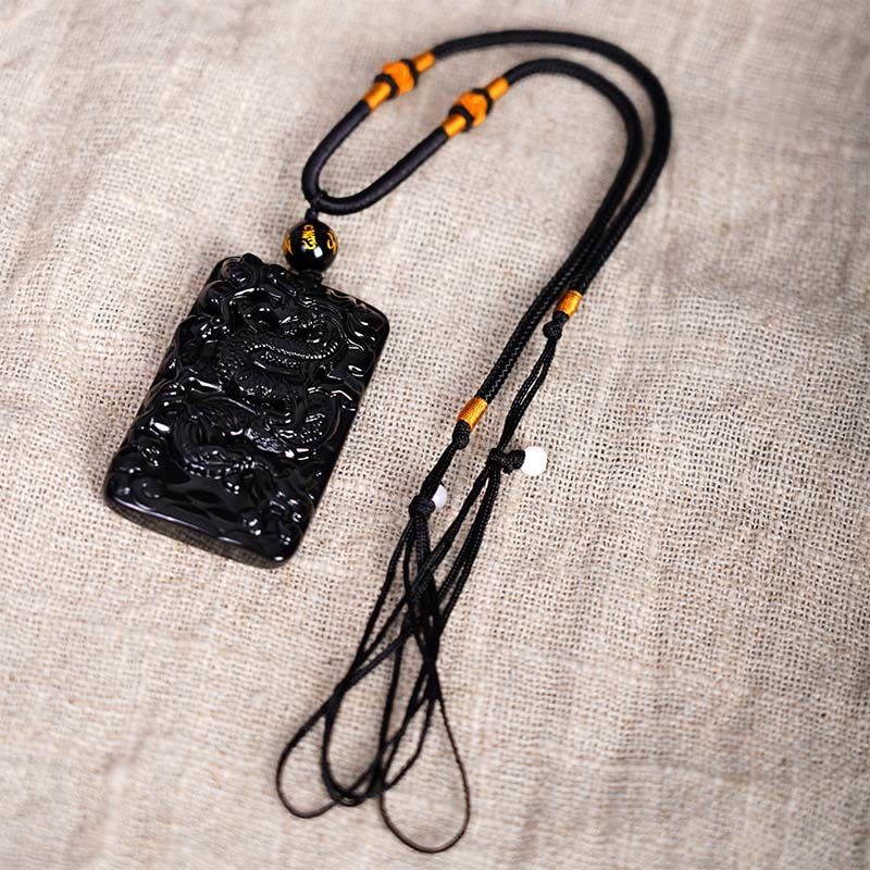 Black Obsidian Dragon Pendant Necklace for Success & Protection