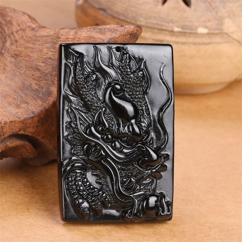 Black Obsidian Dragon Pendant Necklace for Success & Protection