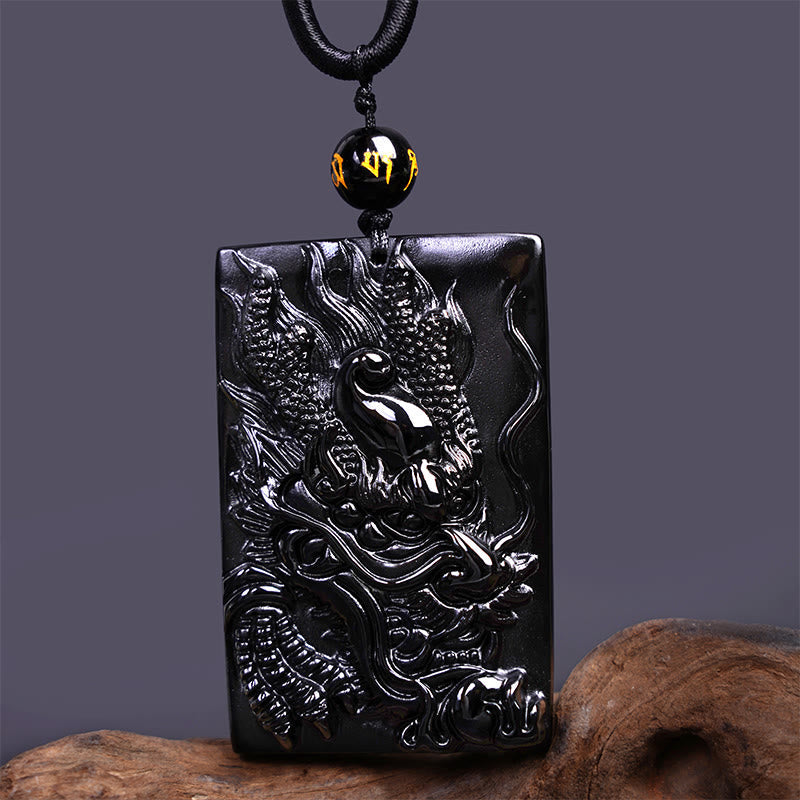 Black Obsidian Dragon Pendant Necklace for Success & Protection