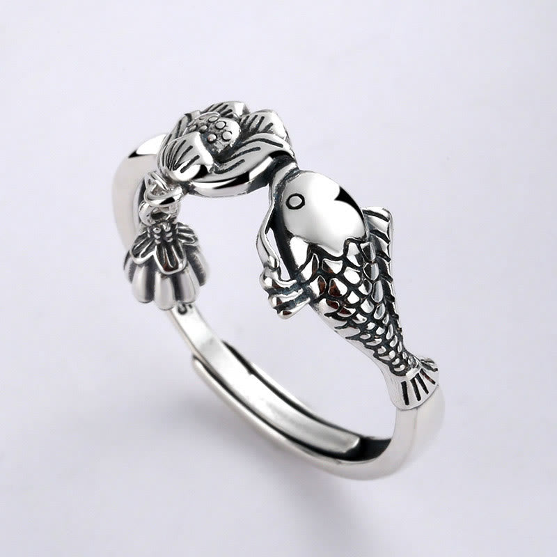 925 Sterling Silver Koi Fish Lotus Flower Adjustable Success Ring