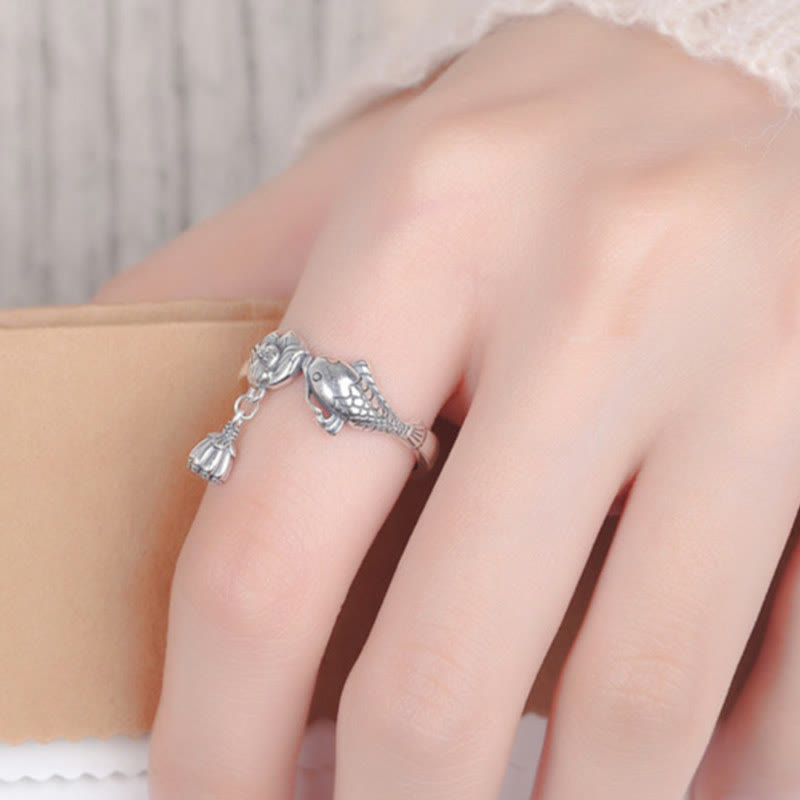 925 Sterling Silver Koi Fish Lotus Flower Adjustable Success Ring
