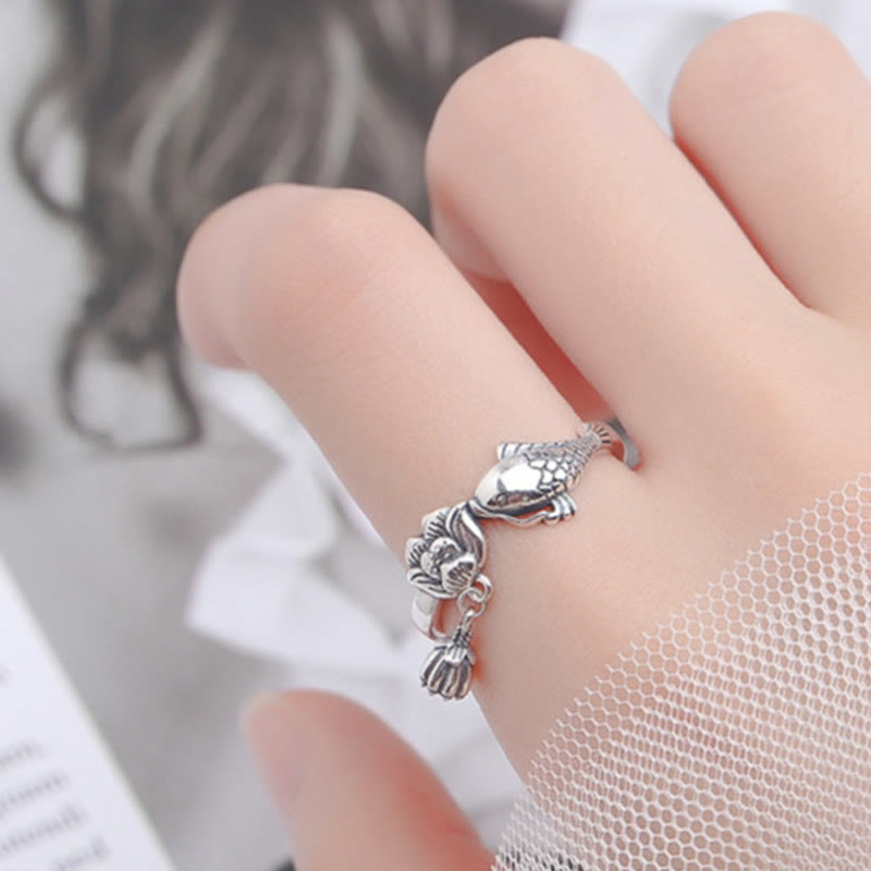 925 Sterling Silver Koi Fish Lotus Flower Adjustable Success Ring