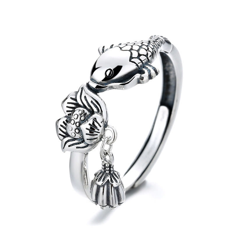 925 Sterling Silver Koi Fish Lotus Flower Adjustable Success Ring