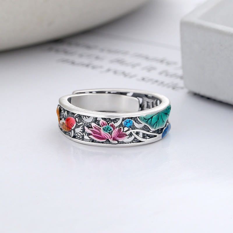 925 Sterling Silver Koi Fish Lotus Ring | Everything Goes Well Symbol