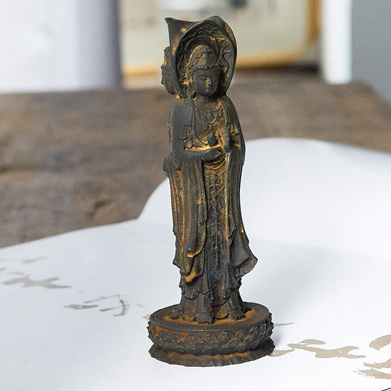 Three-sided Kwan Yin Statue | Iron Powder Rust Cast Resin Decor