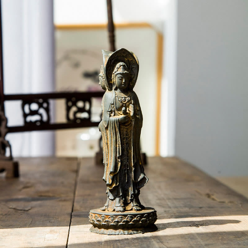 Three-sided Kwan Yin Statue | Iron Powder Rust Cast Resin Decor