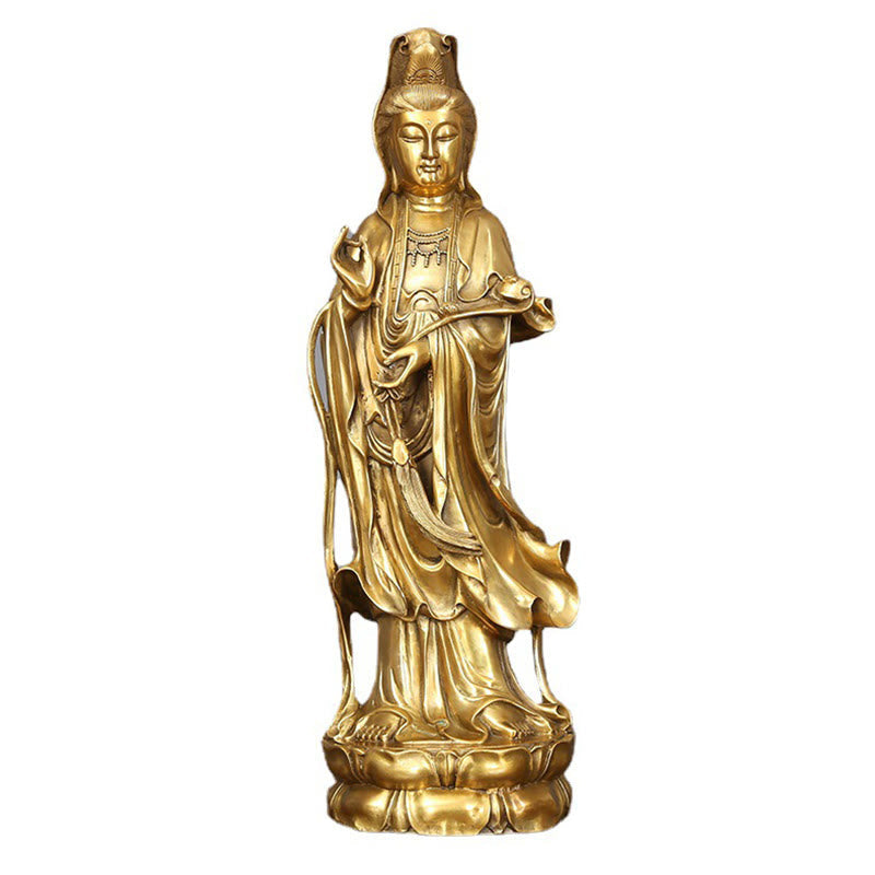 Large Golden Avalokitesvara Buddha Statue 14x44.5cm Copper Brass