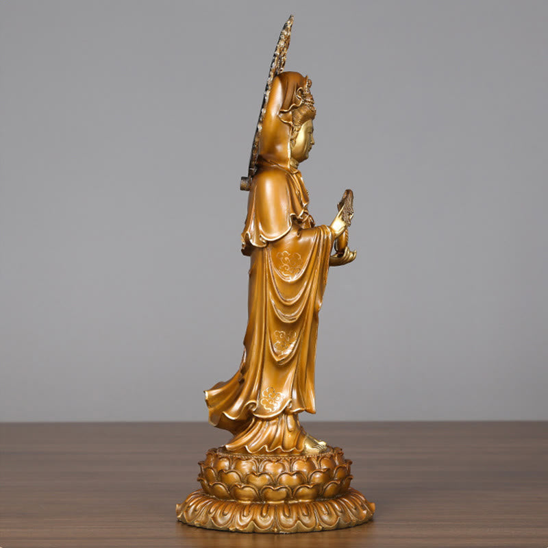 Kwan Yin Brass Copper Statue 19x45cm Lotus Aura Success