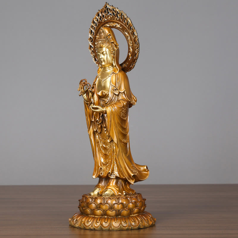 Kwan Yin Brass Copper Statue 19x45cm Lotus Aura Success