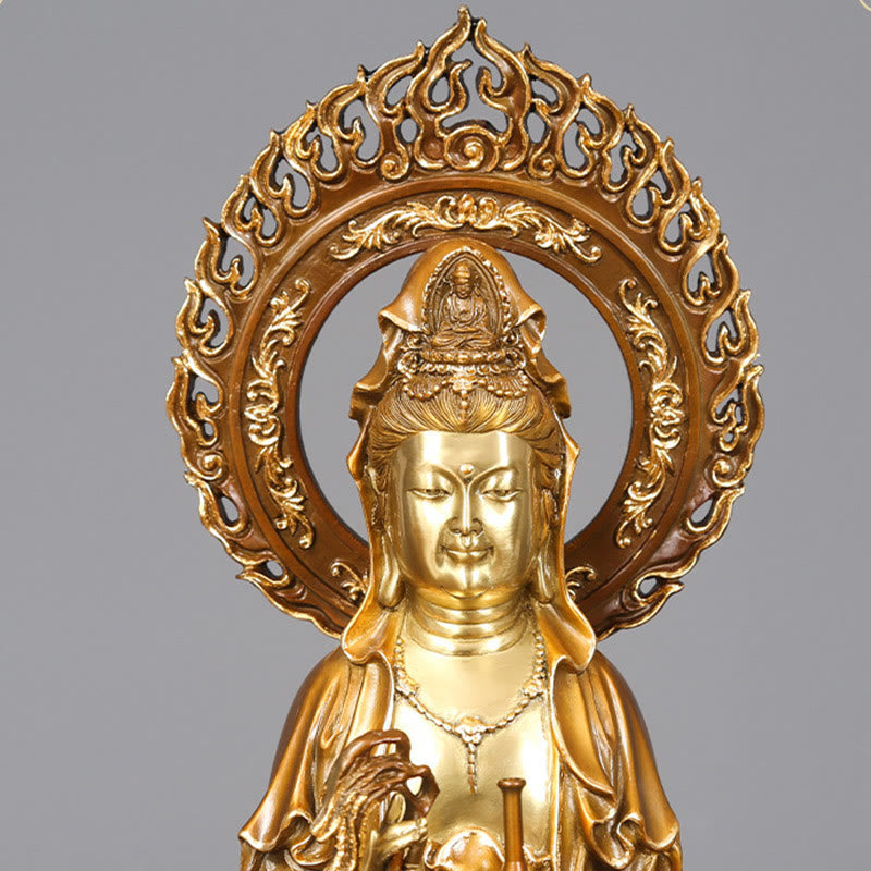 Kwan Yin Brass Copper Statue 19x45cm Lotus Aura Success