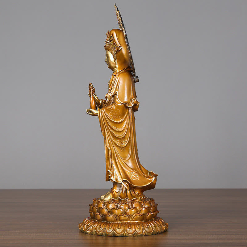 Kwan Yin Brass Copper Statue 19x45cm Lotus Aura Success